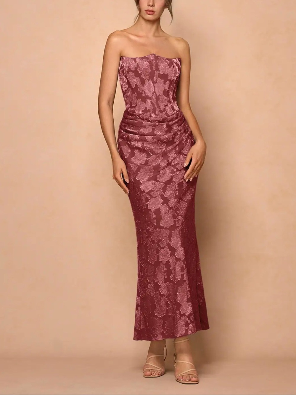 Azazie Atelier Ezrena Gown Women's 8 Vintage Rose Floral Strapless Maxi NWT